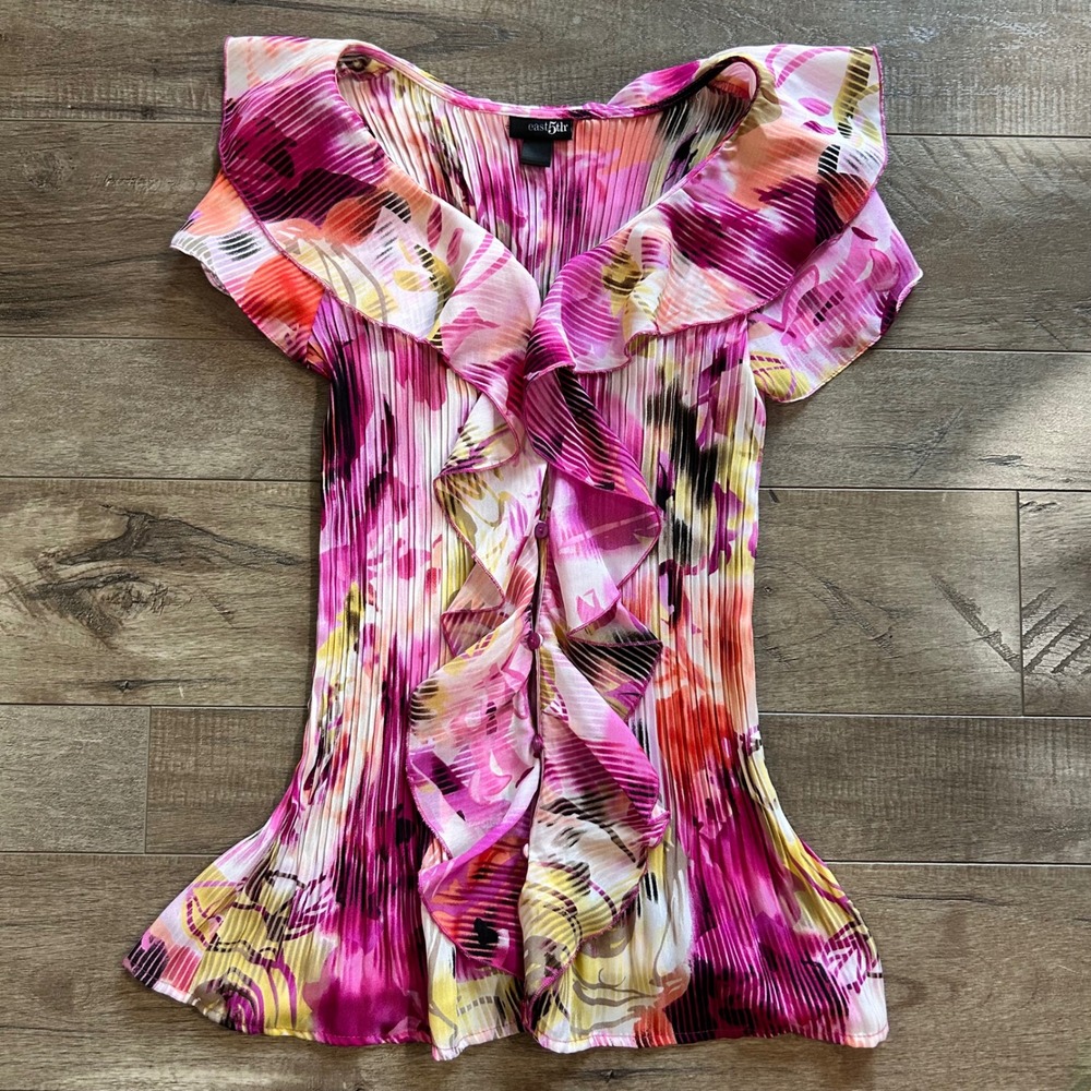 Y2K East 5th Pink Floral Ruffle V-Neck Flutter Sleeve Blouse Top Women's Medium